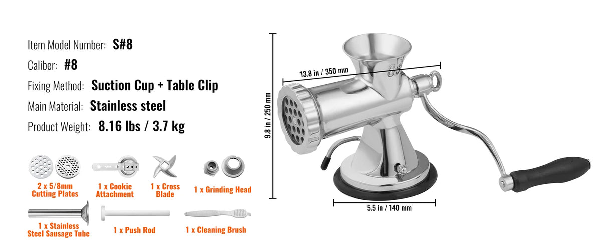 SucceBuy Manual Meat Grinder 304 Stainless Steel Hand Meat Grinder with Suction Cup&Steel Table Clamp Meat Mincer Sausage Maker
