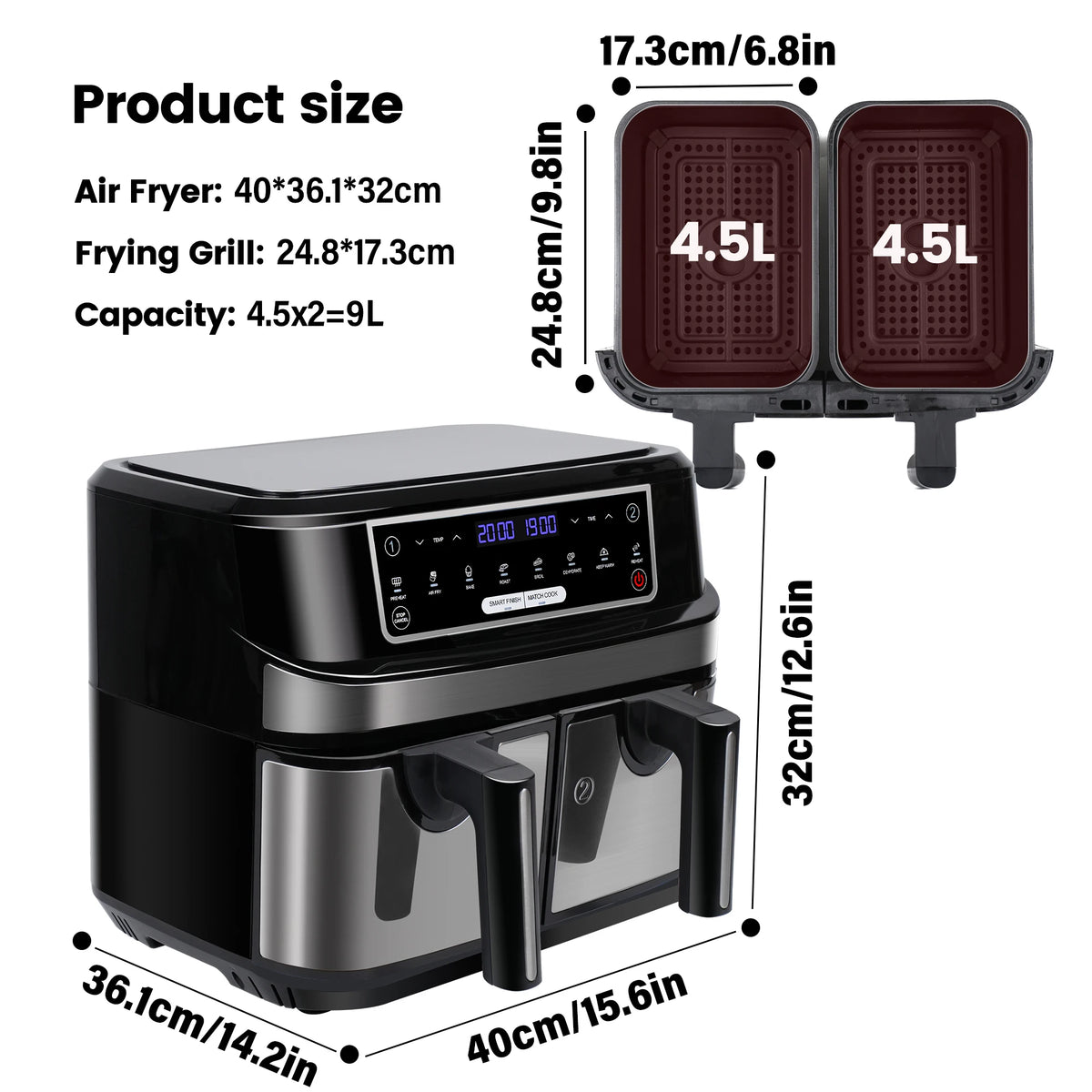 Hot Air Fryer Double Chamber 9 Litres XXL Air Fryer with 2 Independent 4.5L Drawers 8 Automatic Programmes with LED Touch Screen