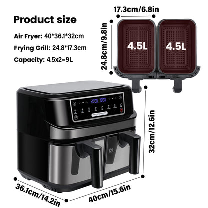 Hot Air Fryer Double Chamber 9 Litres XXL Air Fryer with 2 Independent 4.5L Drawers 8 Automatic Programmes with LED Touch Screen