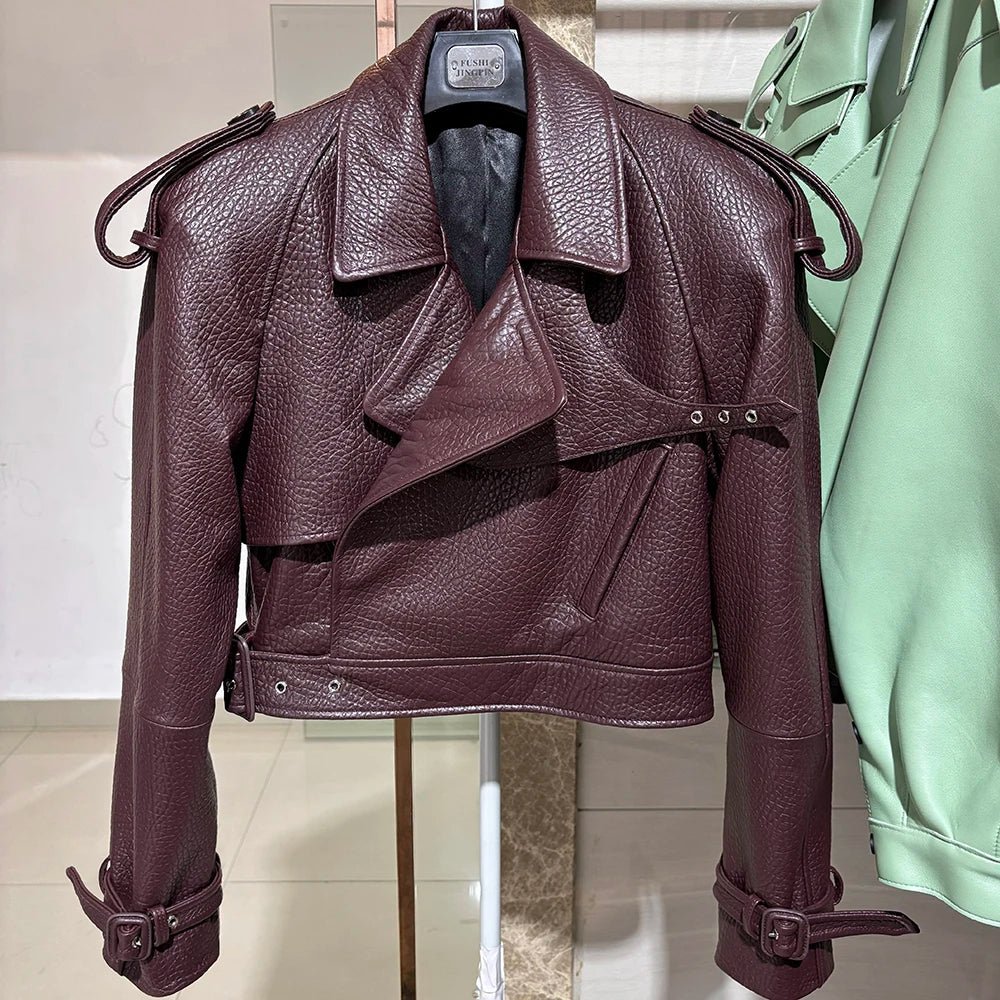 YOLOAgain Wide Shoulder Real Leather Jacket Women Oversized Genuine Leather Cropped Jacket