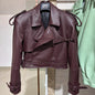 YOLOAgain Wide Shoulder Real Leather Jacket Women Oversized Genuine Leather Cropped Jacket