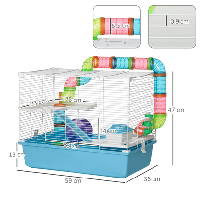 3-level rodent hamster Cage with tunnel, bottle of water, wheel, house, dark ladder. 59L x 36W x 47H cm rat cage hamster cage animals cage rat rat hamster cage