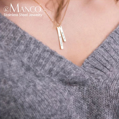 EManco Stainless Steel Long Engraved Necklace Double Pendant Name Personalized Engraved Necklace Birthday Gift