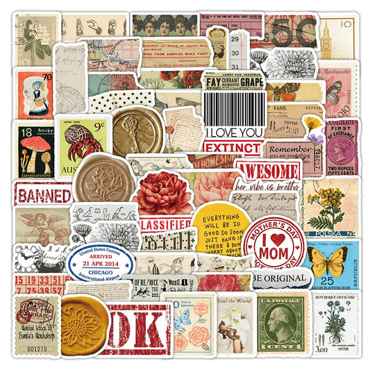 62PCS Retro American Stamp Stickers Aesthetic Style Graffiti Mobile Phone Case Notebook Water Cup Skateboard Waterproof Toy Gift