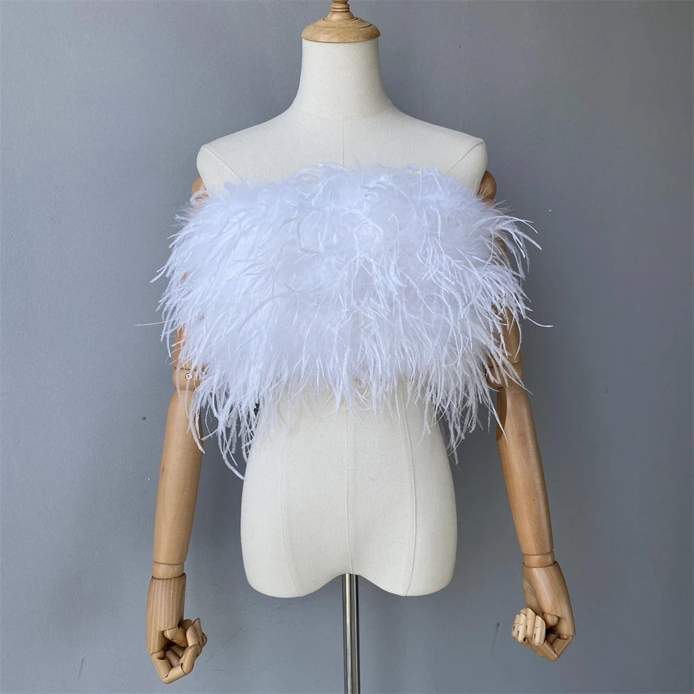 Jaxmonoy New Women Ostrich Feather Tube Spring Summer Sexy Stretch Top Bra Lady Party Wedding Fashion Sleeveless Cropped Top