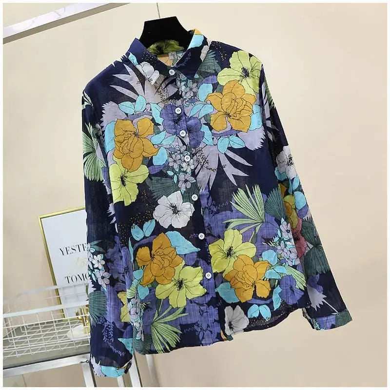 Blue Floral Print Vintage Polo-Neck Single Breasted Long Sleeve Women's Blouse Shirt Casual Female Clothing Tops Fashion 2024