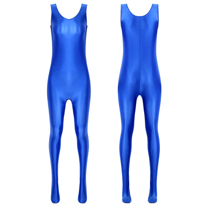 Women's Sleeveless Full Body Bodysuit Glossy Jumpsuit Gymnastics Fitness Swimming Leotard Pole Dance Costume Clubwear Lingerie