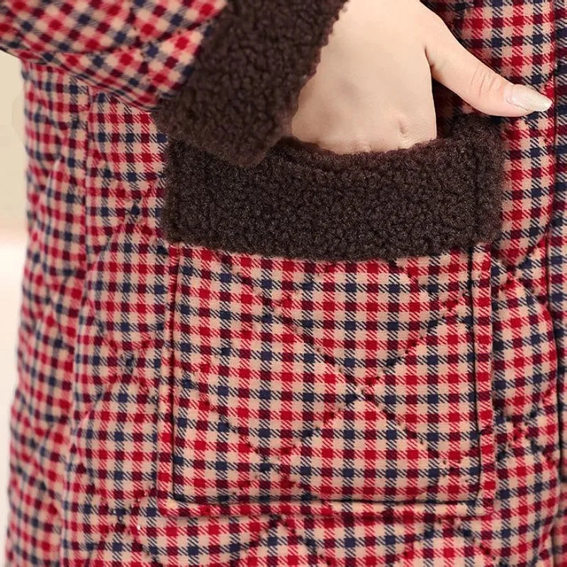 Winter Coat New Vintage Velvet And Thickening Single breasted Cotton Coat for Women Fit Cotton Clip Warm Long Parka Plaid Coat