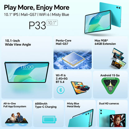Teclast P33 Android 15 Tablet, 10.1 Inch IPS, Allwinner A333, 9GB(3GB+6GB) RAM 64GB ROM (Expandable 1TB), WiFi 6, 6000mAh, 5MP Camera, Metal Body, Tablet PC