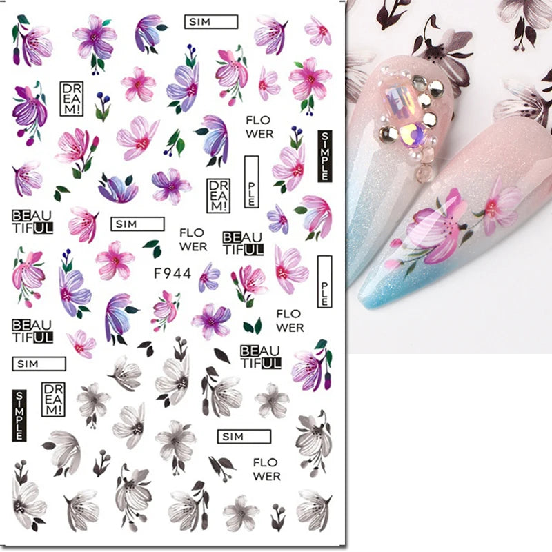 3d Nail Art Decals Spring Booming Violets Lavenders Purple Blue Pink Flowers Butterflys Stickers Decoration For Nail Tips Beauty