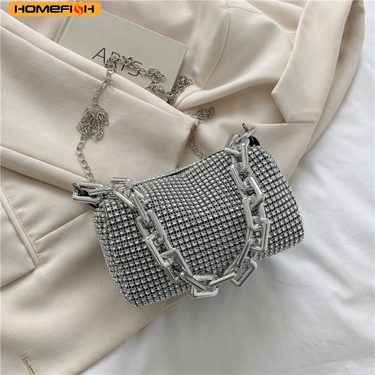 HOMEFISH Sparkling Rhinestone Bucket Bag, Chain Decor Party Clutch Purse, Female Mini Crossbody Bag