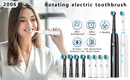 Electric Toothbrush Rechargeable Deep Clean Whitening Teeth for Adult Toothbrush Rotation Toothbrush with 4/8 Replacement Heads