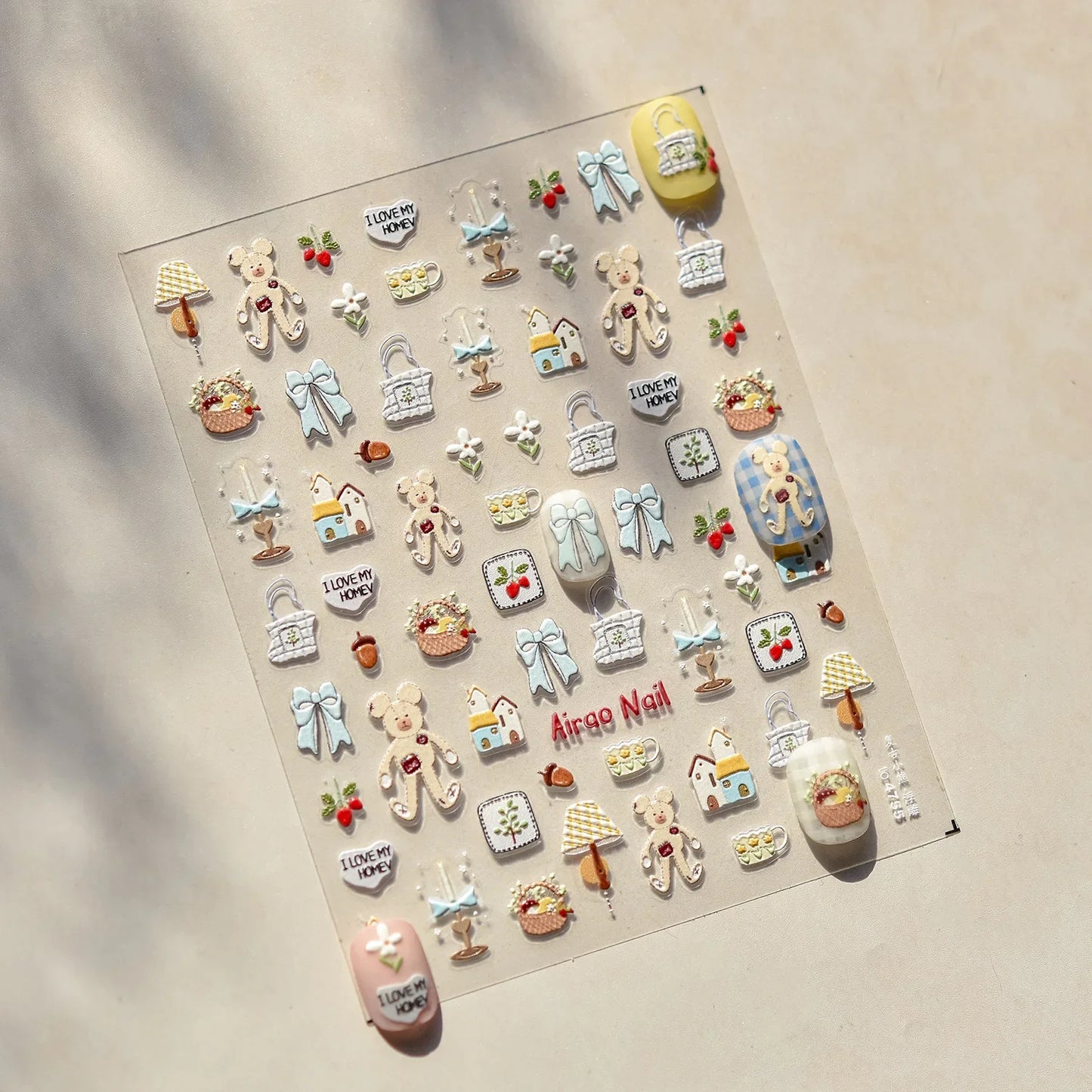 Lovely Animal Graffiti Cat Claw Rabbit Bunny Bear Dog Flower Fruit Dim Sum Candy Sunflower Adhesive 5D Nail Art Stickers Decal