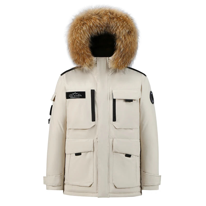 -30 Degree Down Parkas Men Windproof Hooded Thicken Multi-pocket Down Coat Casual Fashion Thick Warm Embroidered Design Parka