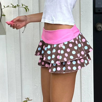 Preppy Style Chic Dots Print Mini Skirts Harajuku Cute Korean Bottoms for Women Fashion Kawaii Low Waist Layered Mini Skirts