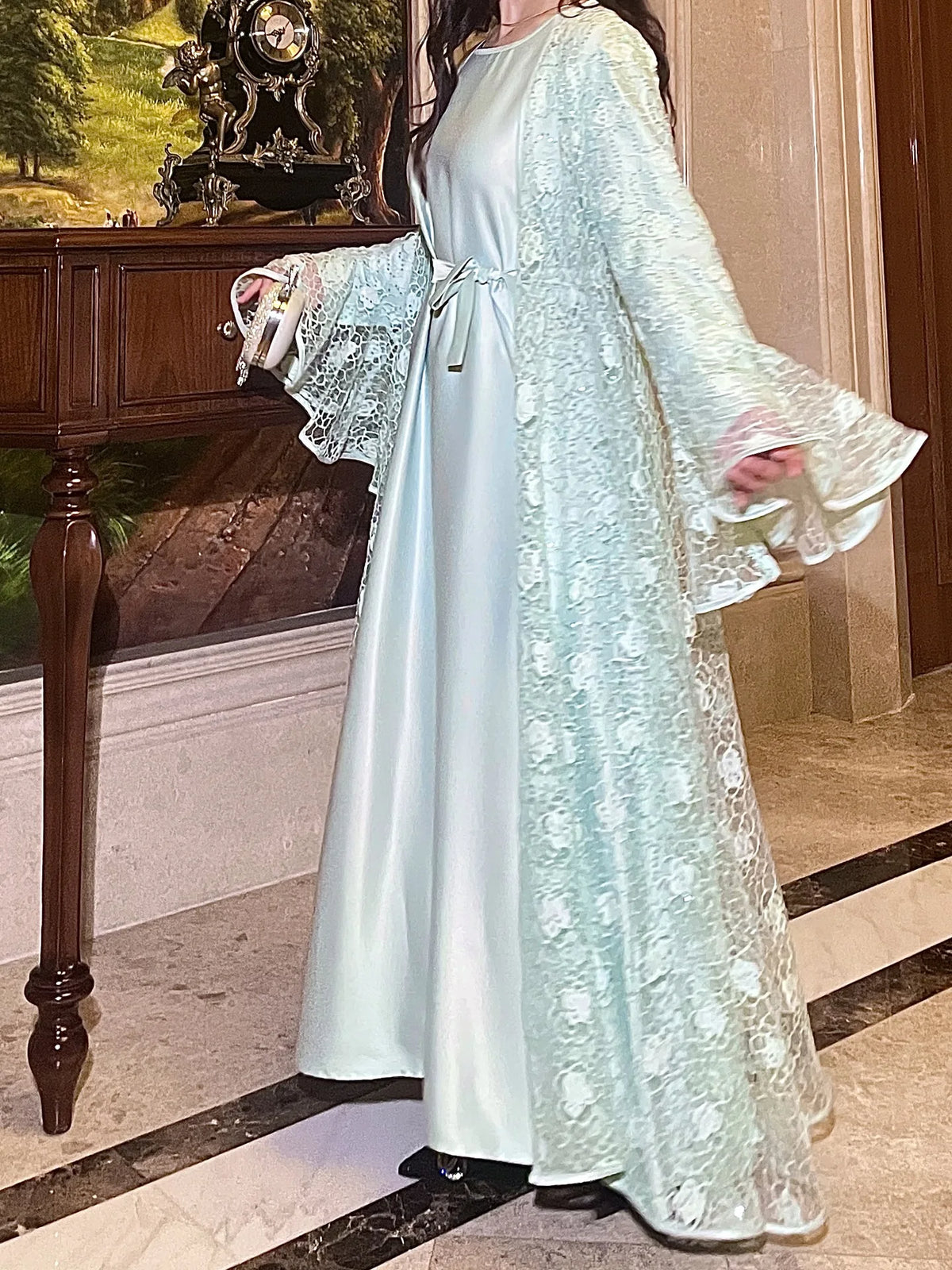 Muslim Women Abaya Dress 2 Piece Set Flare Sleeve Lace Sequin Satin Morocco Caftan Dress Musulman Ensembles Cadigan Outfit Suits