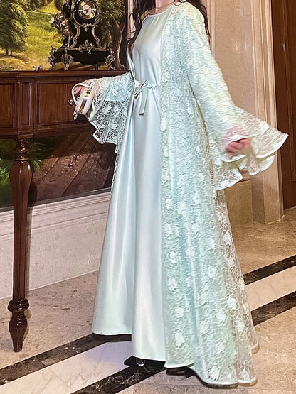 Muslim Women Abaya Dress 2 Piece Set Flare Sleeve Lace Sequin Satin Morocco Caftan Dress Musulman Ensembles Cadigan Outfit Suits