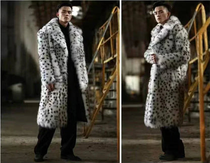 Leopard Men Winter Thick Hooded Faux Fox Fur Coat Jacket Long Sleeve Warm Luxury Fur Black Parkas Bontjas Furry Shaggy Outerwear