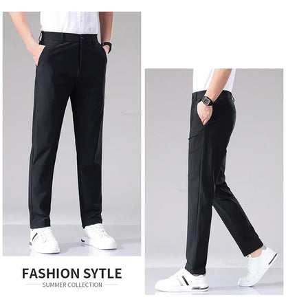 Ultra-thin Elastic Men's Casual Trousers Summer Quick-drying Ice Silk Slim Straight Business Solid Color Y2K Trousers Black Gray