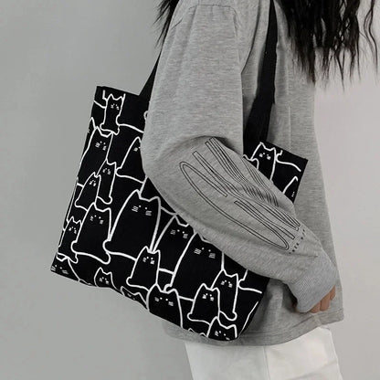 Cute Cat Shopper Handbags Shoulder Fashion Canvas Casual Shopping Girls Women Graphic Tote BagJapanese Cartoon Small Shoulder