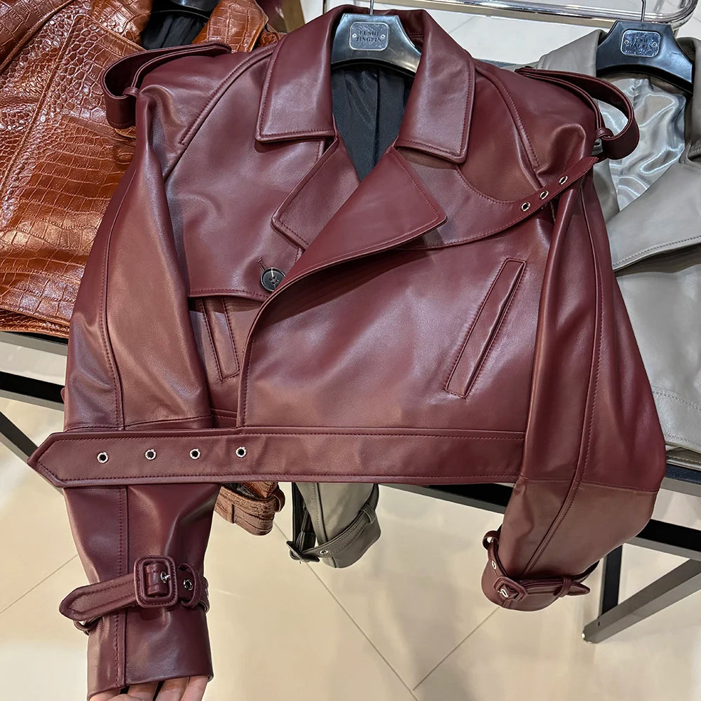 YOLOAgain Wide Shoulder Real Leather Jacket Women Oversized Genuine Leather Cropped Jacket