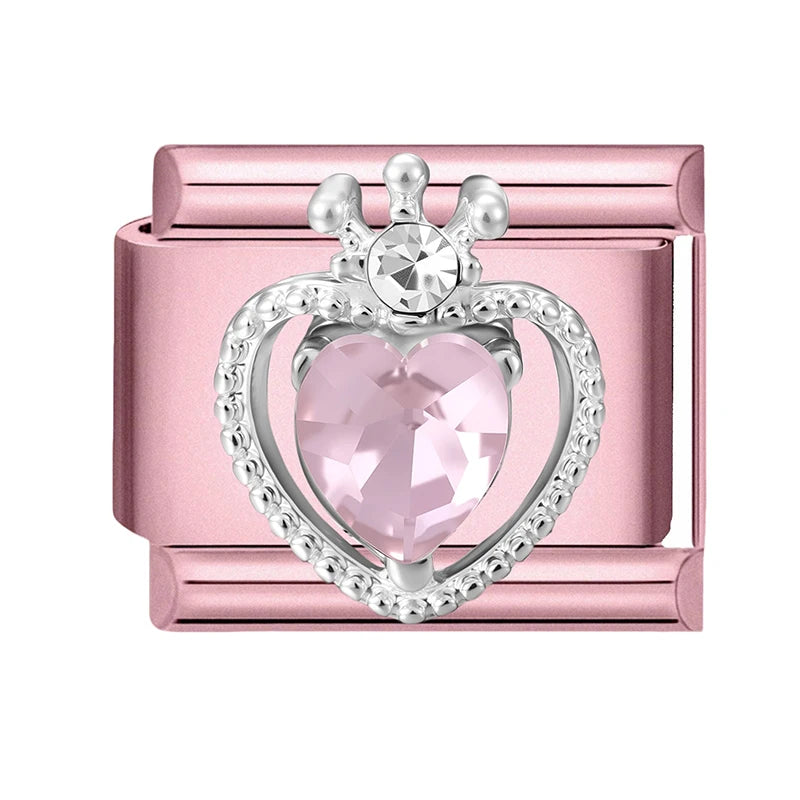 2025 New Women Romantic Pink Cherry Heart Shiny CZ Italian Charm Links Fit 9mm Bracelet Stainless Steel DIY Making Jewelry Gifts