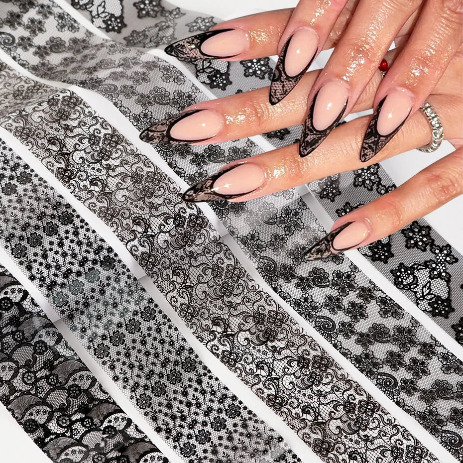 10pcs Elegant Black White Lace Flowers Nail Transfer Foils Stickers Black And White Sexy Lace DIY Charms Nail Art Decoration