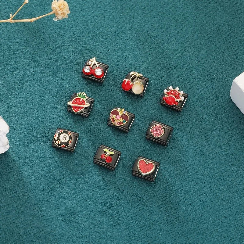 2025 New Original Black Red Stars Love Heart Bows Flower Italian Charm Link Fit 9mm Stainless Steel Jewelry DIY Making Bracelets