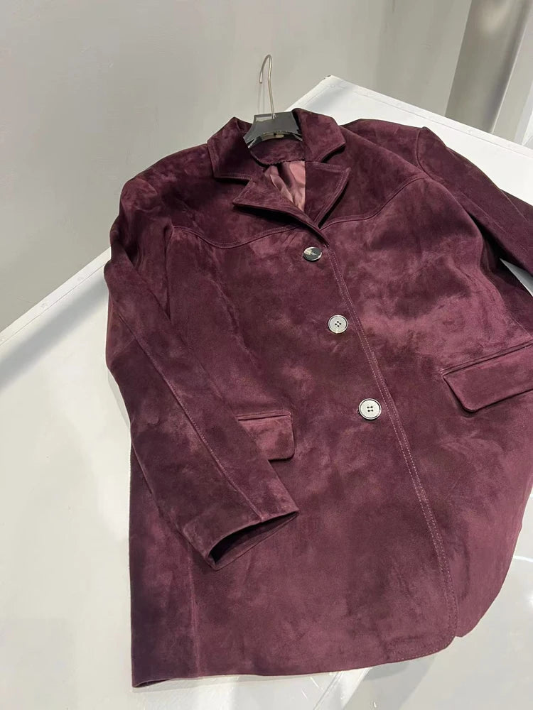 French High-end Western-style Leather Jacket for Women 2026 New Color Purple Red Oversized Casual Kid Suede Suit Blazer Outwears