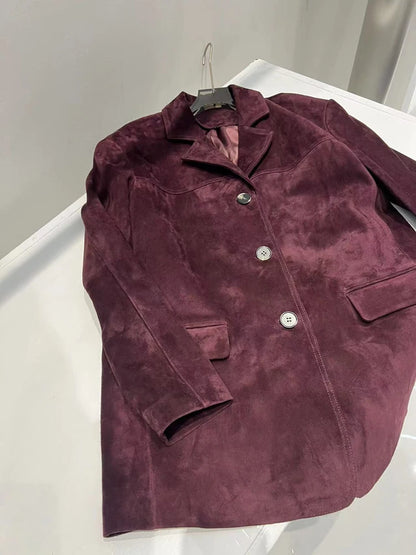 French High-end Western-style Leather Jacket for Women 2026 New Color Purple Red Oversized Casual Kid Suede Suit Blazer Outwears