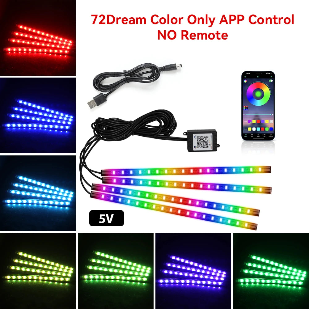 Car Interior Light Ambient Light with USB Cigarette Decorative Lamps RGB Car Footwell Light with Remote/Voice Control