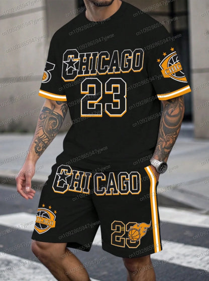 New In Chiago No.23 Print Men's yellow Casual Short Sleeve T-Shirt Shorts Set Adult Basketball Jogging  2 Piece Set men Clothing