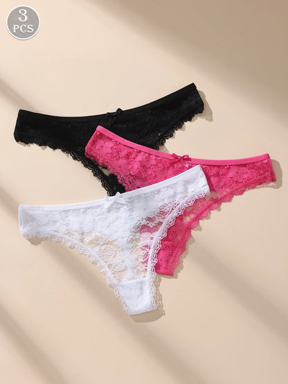 Awesomea 3Pcs Women’s Lace Bow Underwear – Soft Comfortable Low Waist Panties – Breathable Stretchy Seamless Lightweight Briefs