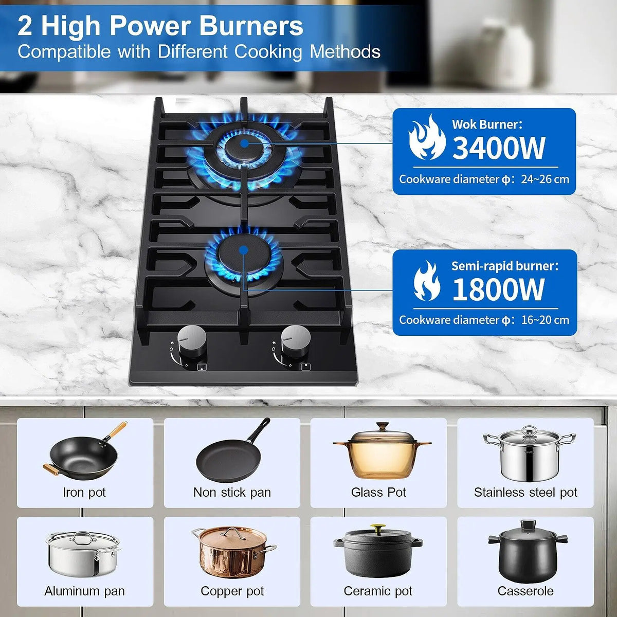 TopStrong 2 Burners 30cm Kitchen Built in Tempered Glass NG/LPG Dual Fuel Gas Hob UKGCT-B02