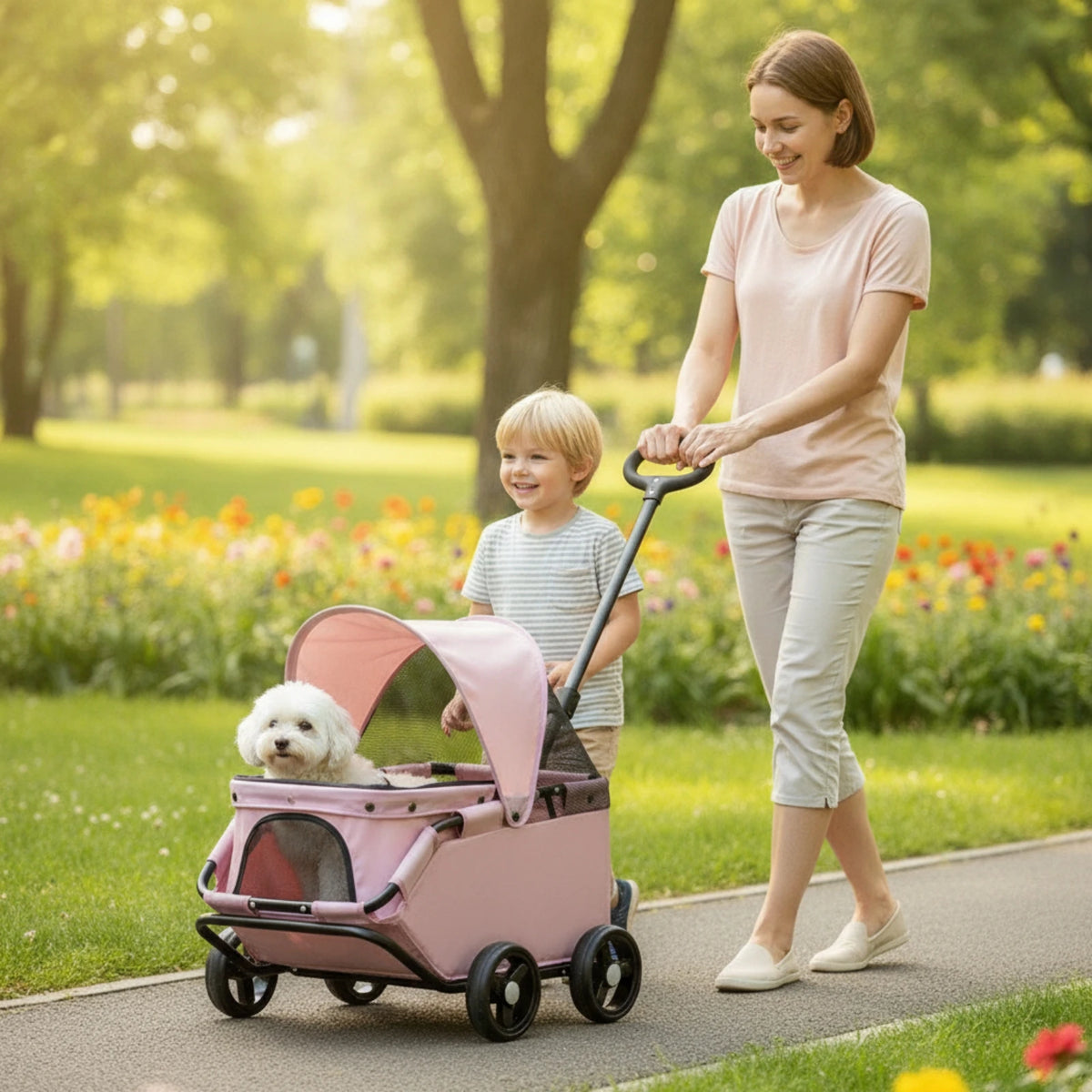 Four-Wheel Pet Stroller Compact Dog Stroller with Canopy Easy-to-Maneuver Roomy for Dogs, Outdoor Walks, Travel