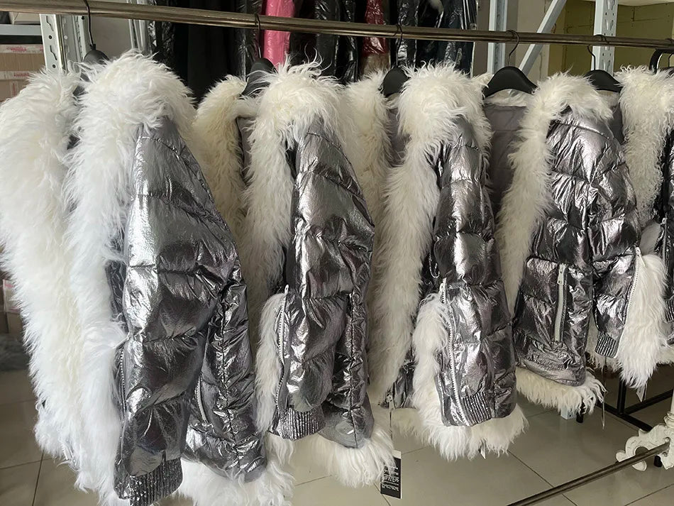 Maomaokong 2023 Women Winter Natural Real Fur Collar Thick White Duck Down Jacket Luxury Female Clothes Outerwear Puffer Coat