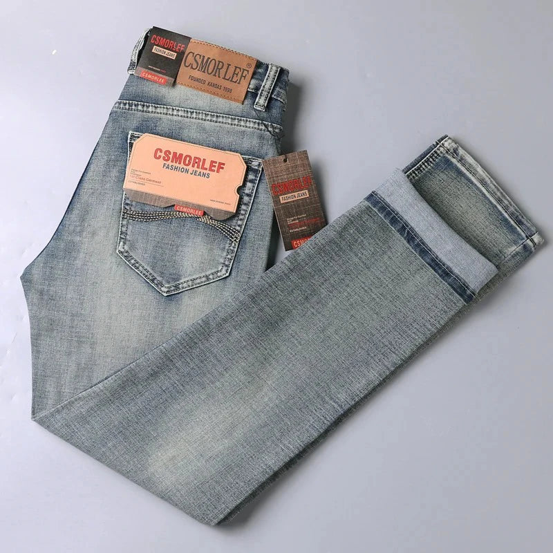 High-end Light Luxury Brand Jeans Men's Retro Slim Fit Straight Versatile Casual Gray Trousers Autumn and Winter Thick Jeans