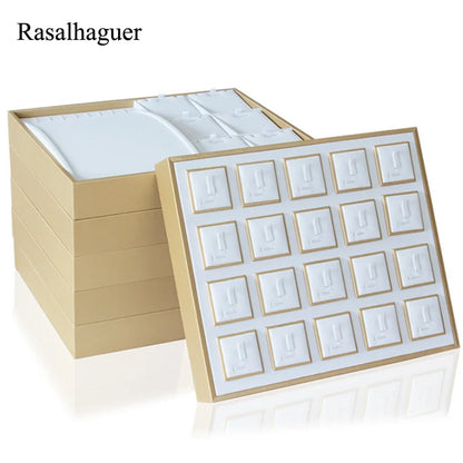 Luxury Gold White PU Leather Necklace Ring Earring Holder Jewelry Tray Series Jewelry Disply Jewellery Organizer Box