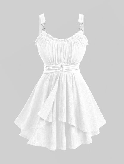 Plus Size Women's Tank Top, Solid Color Ruched Ruffles Chain Panel Silk Waist Ribbed Textured Buckle Vest
