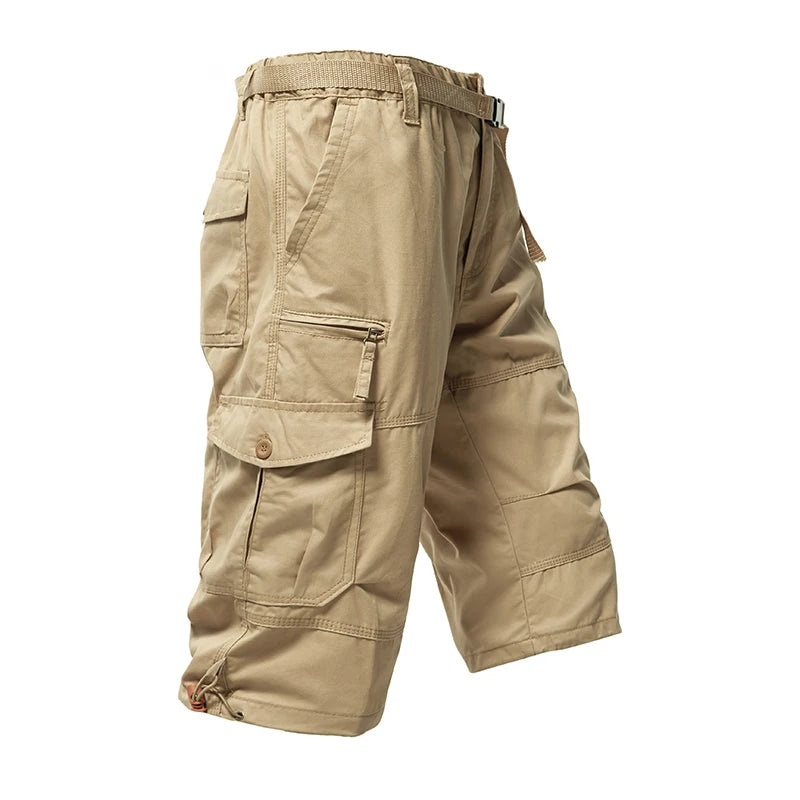 Mens Cargo Shorts 100% Cotton Casual Running Shorts Elastic Waist Hiking Outdoor with a Belt