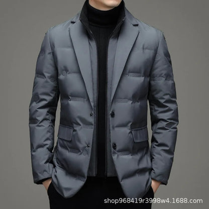 Men's Solid Color Detachable Stand Collar Long Sleeve Casual Business Trendy Down Coats Winter New Fashion Suit Blazers Clothes