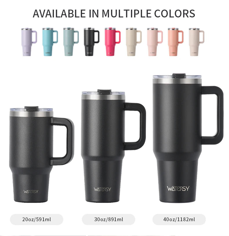 WATERSY 20/30/40oz Tumbler with Handle & Straw, Large Capacity Stainless Steel Thermal Cup, Vacuum Insulated Mug for Car, Travel