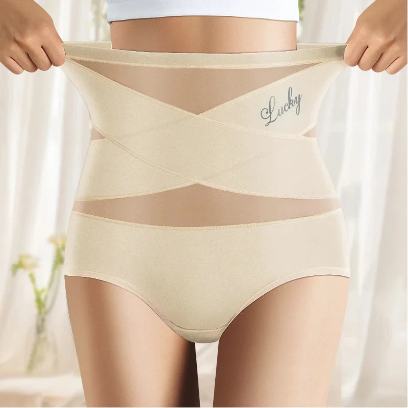 Hot Sale High Waisted Women's Panties Breathable Mesh Cross Tummy Cinching No Trace Triangle Panties Tummy Tuck Shaper