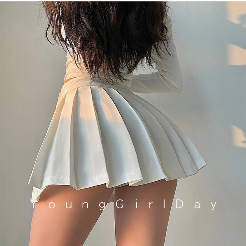 Pleated Skirt with Shorts Women Sexy High Waist Irregular White Black A-line Gyaru Tennis extreme Mini Skirt School