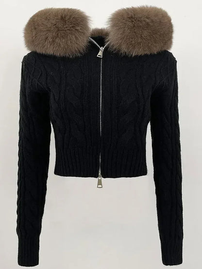 Fashion Natural Fox Fur Collar with Knitted Sweater Women Casual Sweater 2025 New Spring Autumn Slim Fit Elastic Oversized Coat
