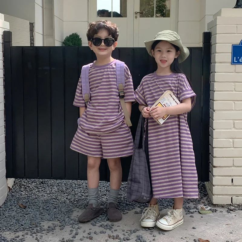 MILANCEL Summer Kids Clothing Set Striped Tee And Shorts Boys Casual Suit Girl Long Dress Brother And Sister Clothes