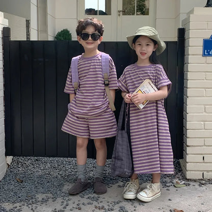 MILANCEL Summer Kids Clothing Set Striped Tee And Shorts Boys Casual Suit Girl Long Dress Brother And Sister Clothes