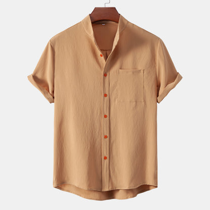 2026New men's short sleeved solid color standing collar cardigan casual shirt for foreign trade