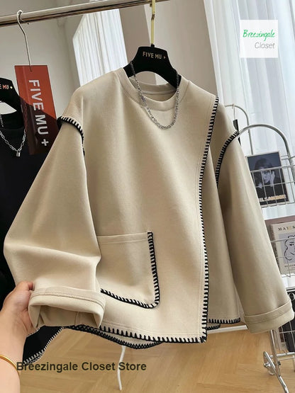 French style solid color extra-large design sense round neck sweater women's new loose fashion casual top in spring and autumn
