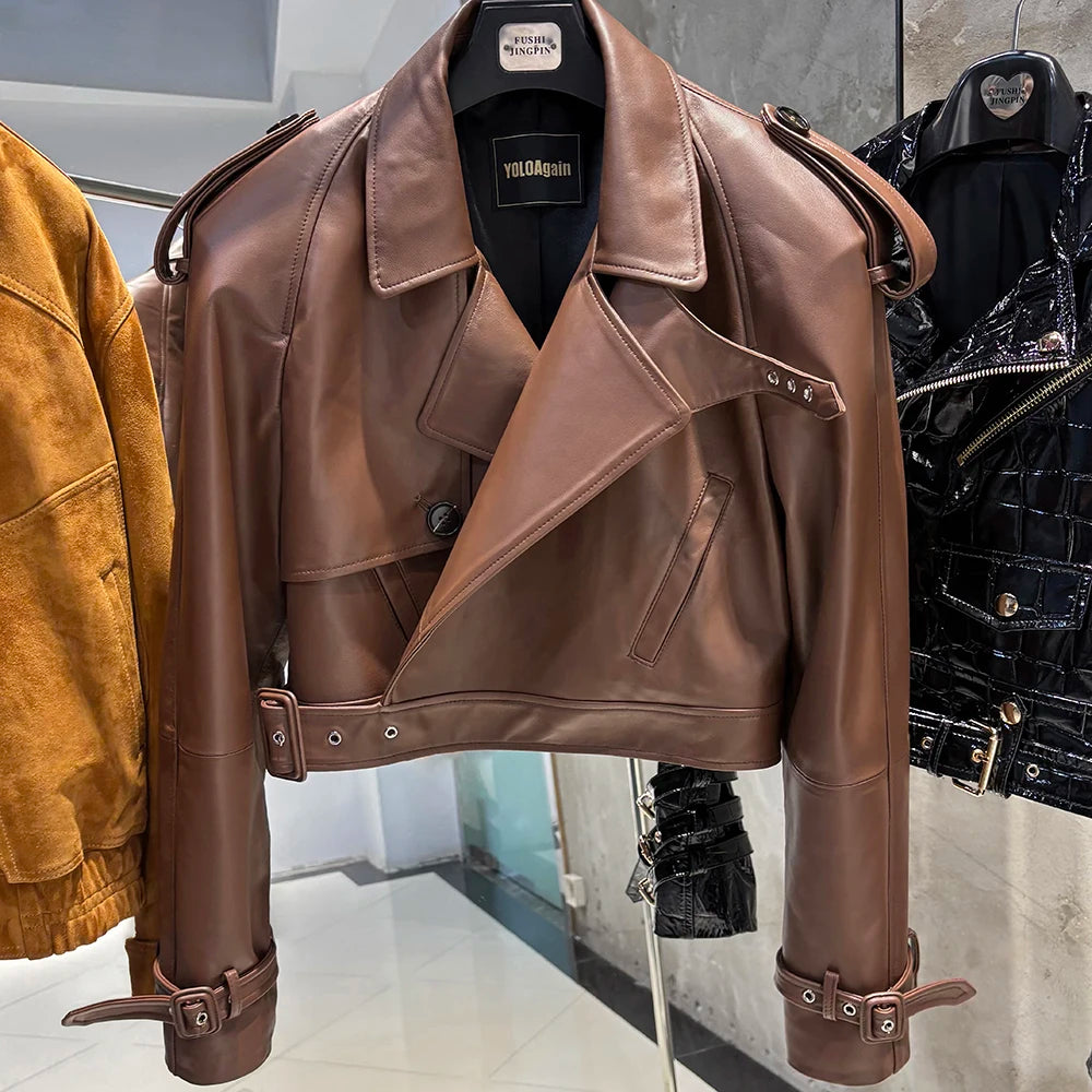 YOLOAgain Wide Shoulder Real Leather Jacket Women Oversized Genuine Leather Cropped Jacket